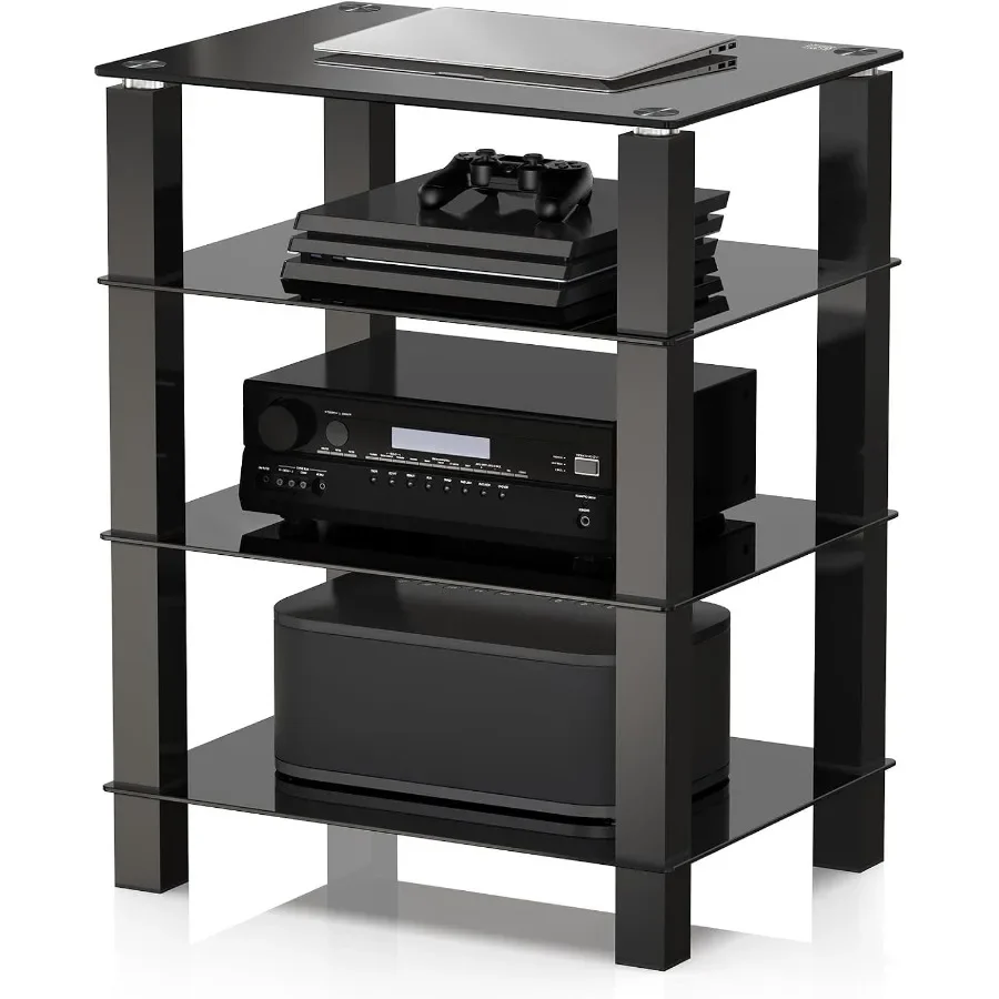 4-Tier Media Stand for Audio Equipment with Tempered Glass Shelves, Black, Modern Design and Heavy-Duty Stability