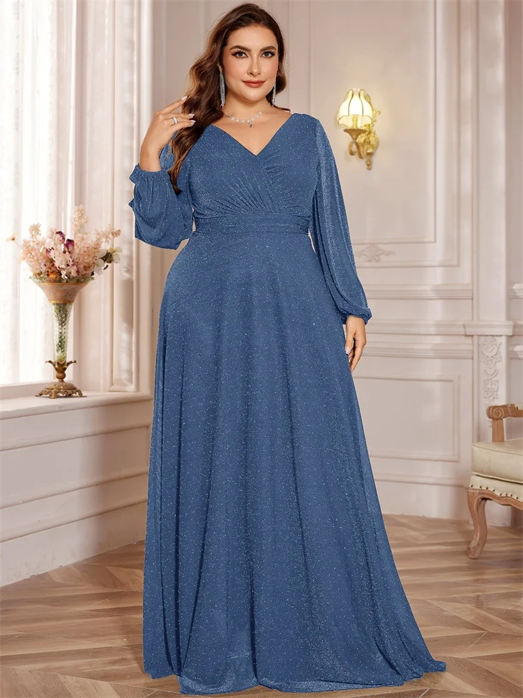 

Lucyinlove Luxury V-Neck Long Sleeves Blue Shiny Formal Evening Dress Elegant Women 2025 Wedding Party Prom Maxi Cocktail Gowns