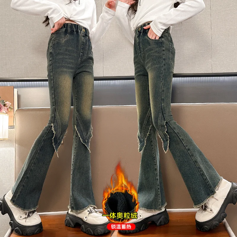 Fashion Girl Slim Jeans Kids Elastic Denim Flare Pants With Tassel Child Solid Color Warm Denim Trousers For Child Teenage 4-14Y