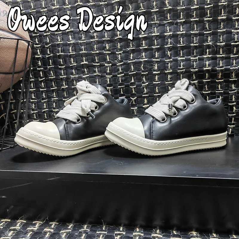 Owees Design Wide LACES Low Top Real Leather Sneakers Men's Fashion High Street Casual Board Shoes 2024 Women Vulcanized Shoes