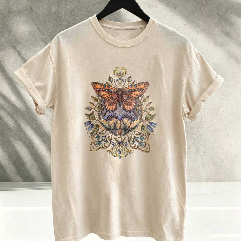 Vintage Ornate Botanical Butterfly Printed Cotton T-Shirt Art Nouveau Floral Cottagecore Nature Short Sleeve  Aesthetic Gothic