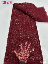 Nigerian Tulle Groom Lace Fabrics With Beads 2024 High Quality Luxury African Sequins French Mesh Lace For Wedding Party