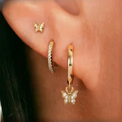 3PCS Elegant Butterfly CZ Charms Huggie Hoop Earrings Set for Women Classic Cubic Zirconia Cartilage Piercing Ear Conch Jewelry