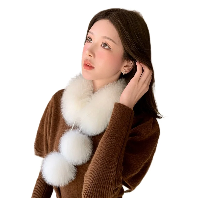 

New fox hair double-sided snowball scarf women's versatile winter warm fur scarf cute hairball warm real hair