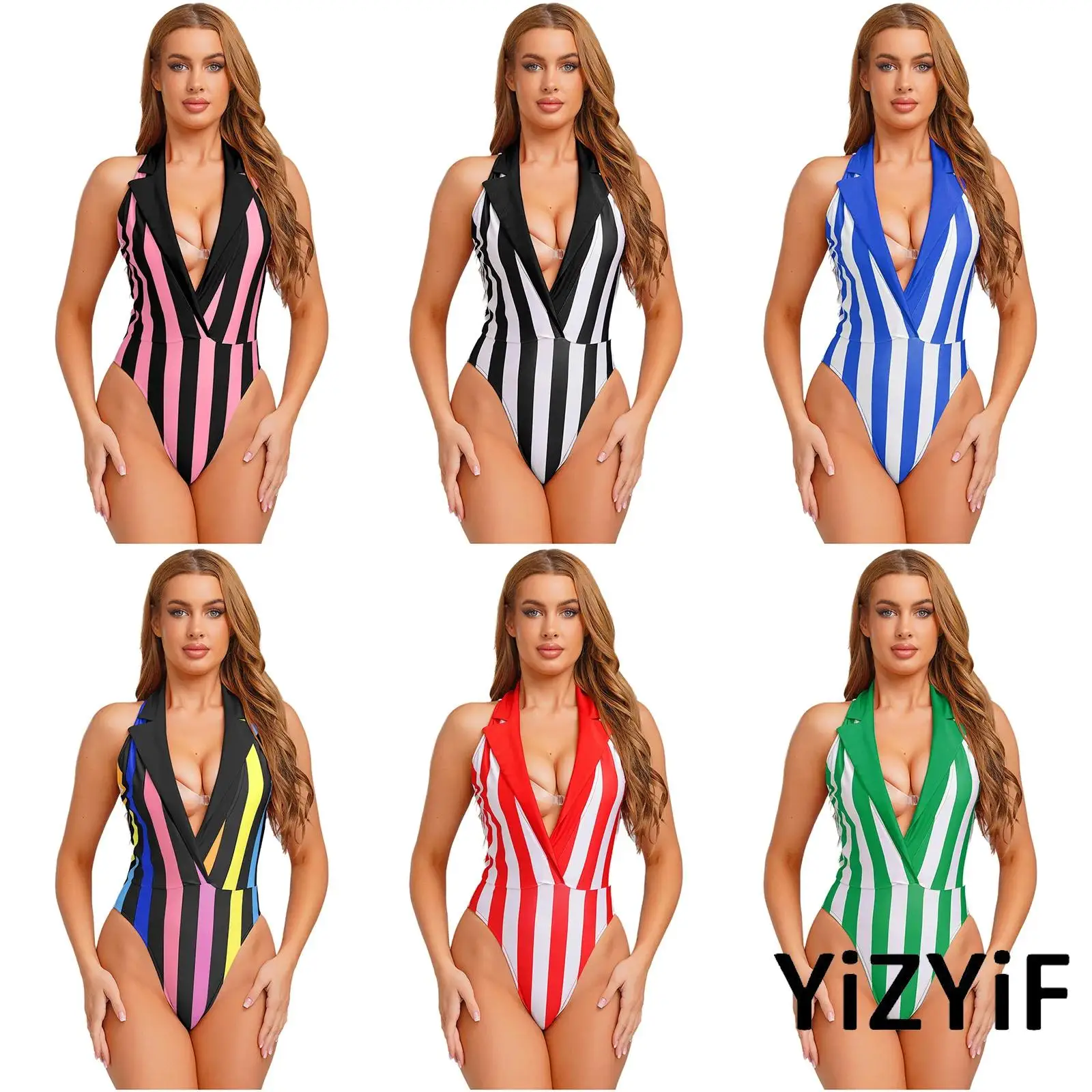 

Sexy Womens Summer Striped Bodysuit Notch Lapel Plunging Sleeveless Contrast Color Leotard Jumpsuit for Raves Beach Pool Party