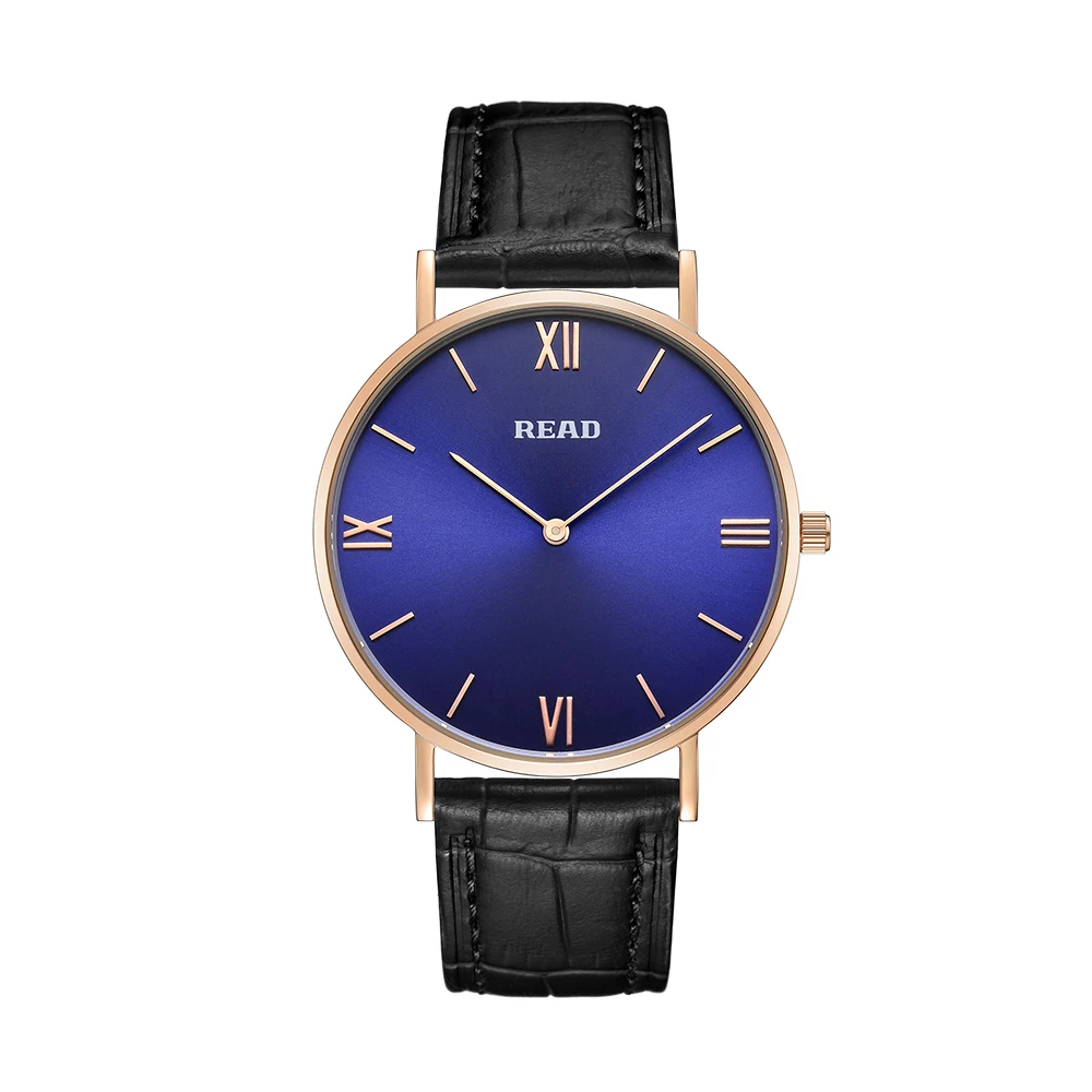 READ Minimalist Quartz Watch | Rose Gold Case | Black Leather Strap | Blue Roman Dial | High Hardness Glass | 3ATM Waterproof