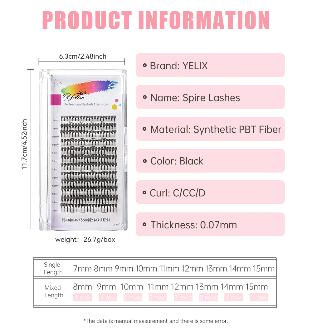 Yelix Spire Lashes Fertig konfektionierte Volumen-Wimpern für einen Wispy-Look 0,07 mm Mix 8-15 mm Trays Großhandel für Salons & Zubehör – Detail 6