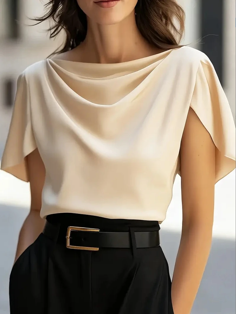 Women's Short Sleeve Satin Cowl Neck Top Elegant Draped Blouse
