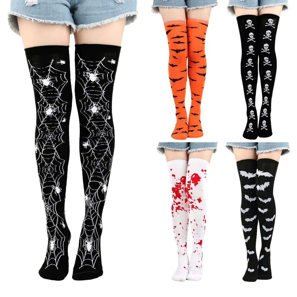 1 Pair Halloween Thigh-High Long Socks Spider Web Bone Bat Blood Skull Over-Knee Stockings for Carnival Make up Fancy Party