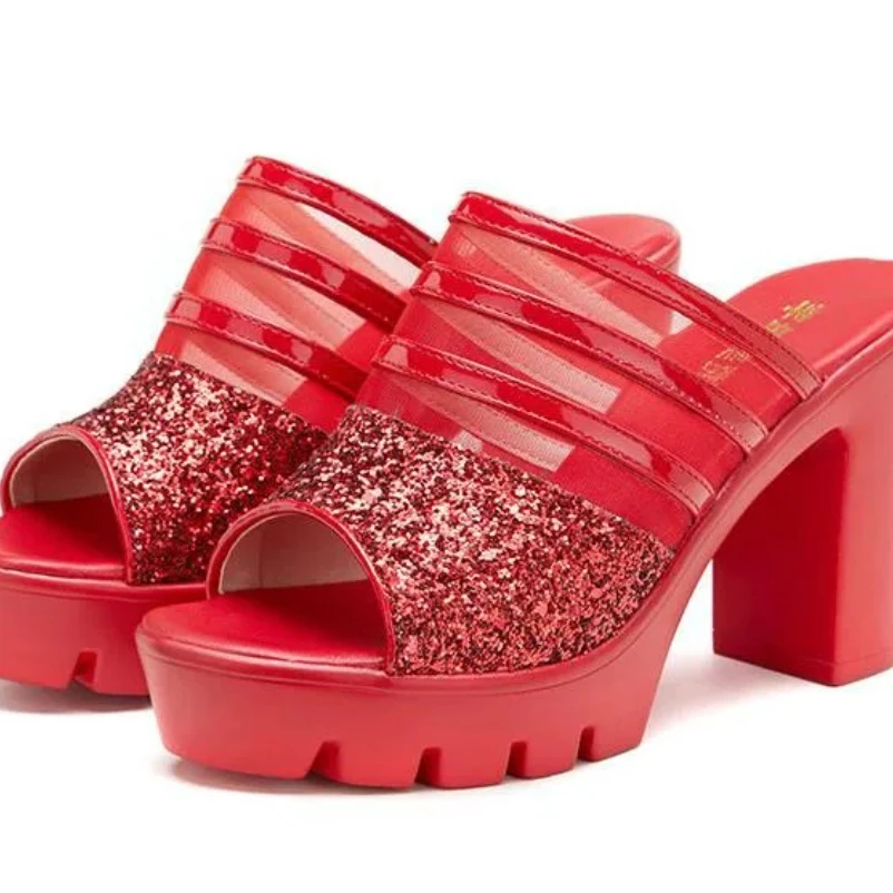 2025 10 سنتيمتر ashion الأحذية النعال المرأة الصيف المفتوحة تو منصة الدانتيل الأسود عالية الكعب اللمحة تو حذاء بكعب سميك الصنادل الحفلات 32 43 #6