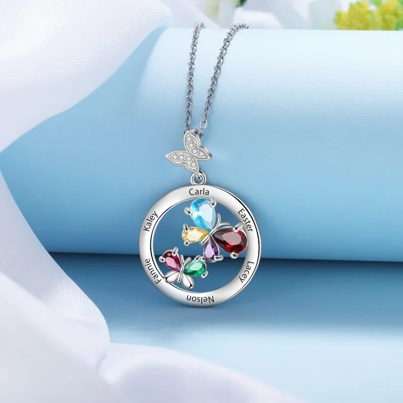 

Personalized Engraved Butterfly Name Birthstone Necklace for Women - Mothers Necklace with Kids Names Jewelry