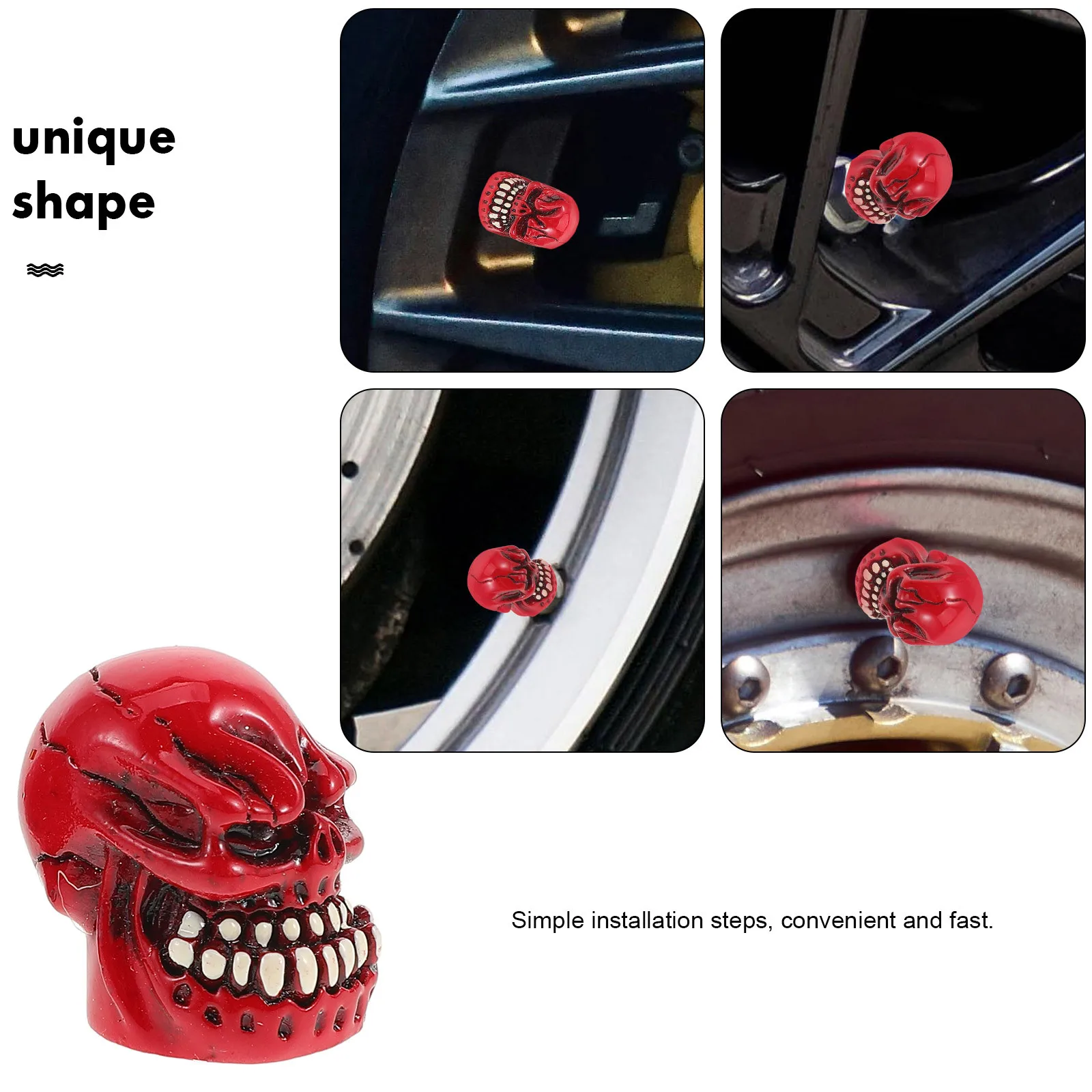 4개입 해골 타이어 밸브 스템 캡 레진 소재 스타일리시하고 오래가는 범용 자동차 오토바이용 설치 간편 밸브 스템 캡