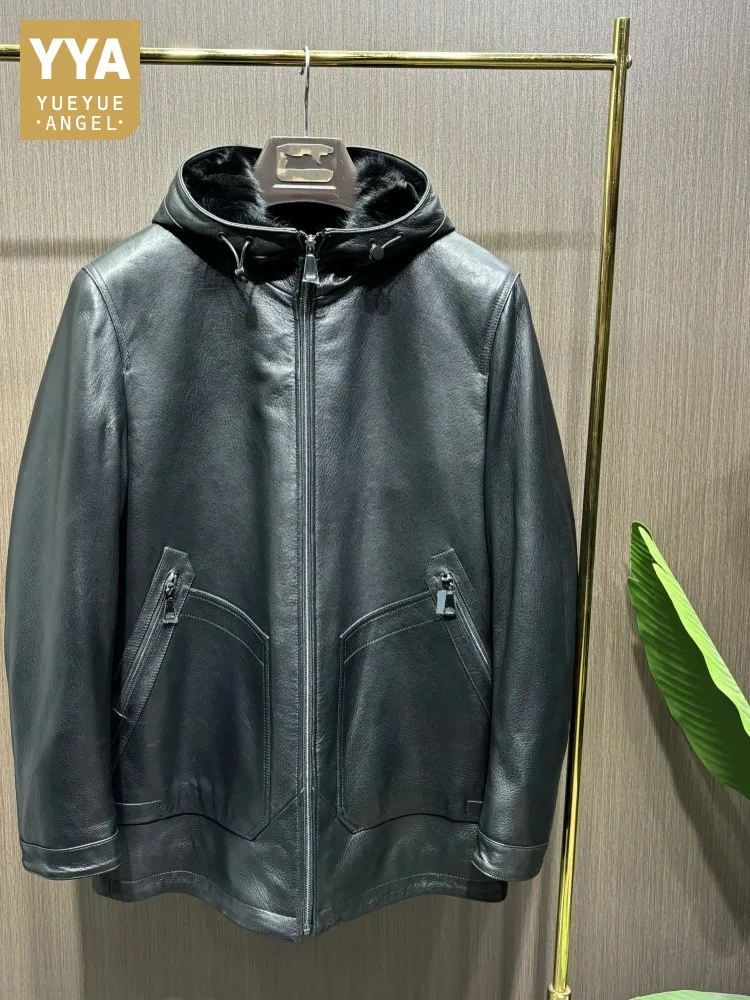

Top Quality Goat Genuine Leather Mens Jacket Lining Mink Wool Spliced Winter Warm Hooded Jackets Coat Daily Mid Long Outerwear