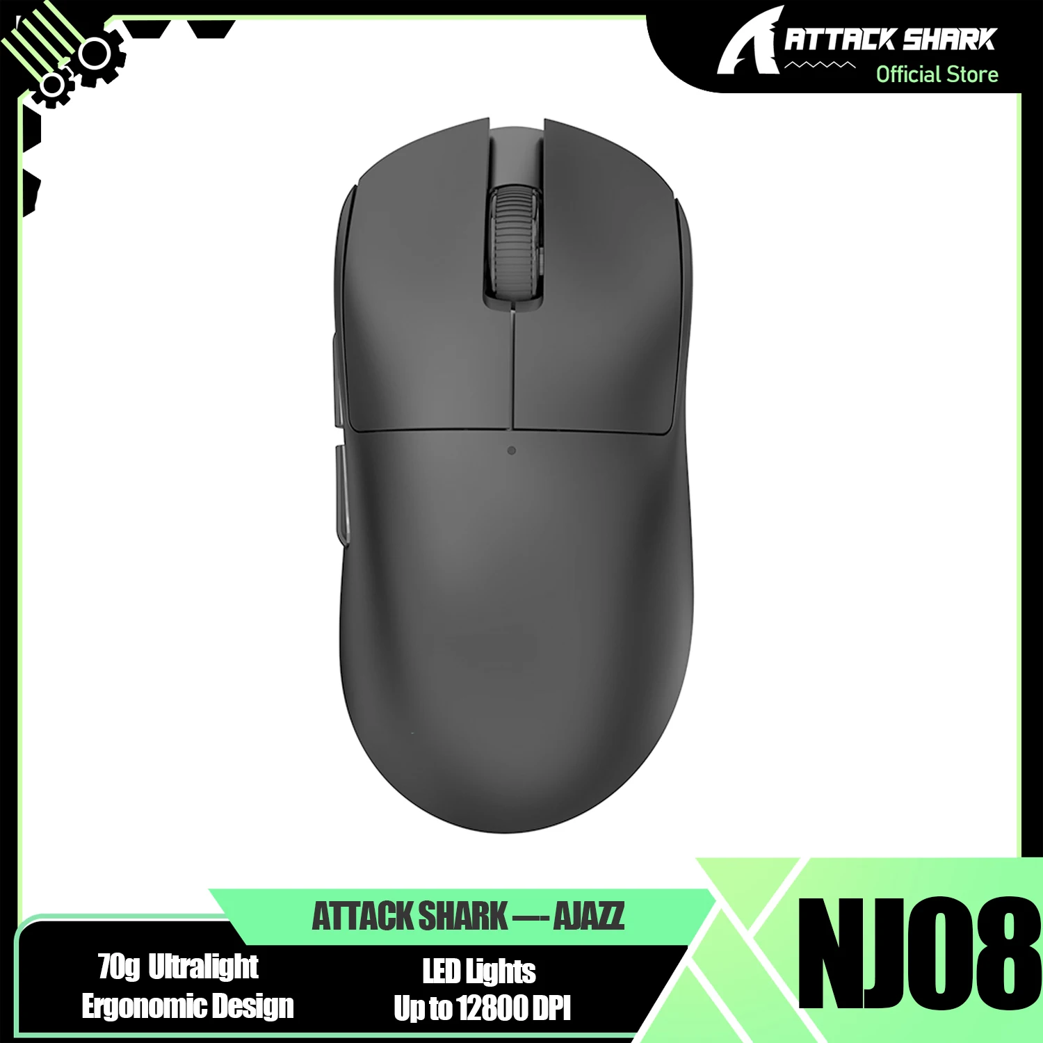 AJAZZ NJ08 Tri-Mode Wireless Gaming Mouse, 1000Hz 70g Lightweight, Medium-Large Ergonomic PC Mouse, 12800 DPI 6 Level Adjustable