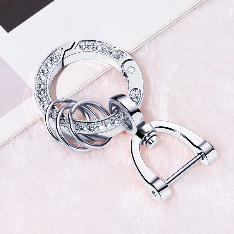 360 Degree Rotation Inlay Rhinestone Keychain High Quality Simple Spring Keyfob Stirrup Keyring Metal Connecting Buckle