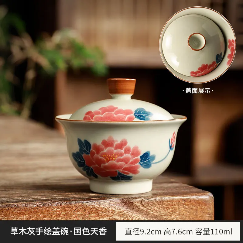 

Hand-painted Three-Talent Covered Bowl Large Size with Lid Single High-end Household Ceramic Tea Cup Kung Fu Tea Set Tea Bowl