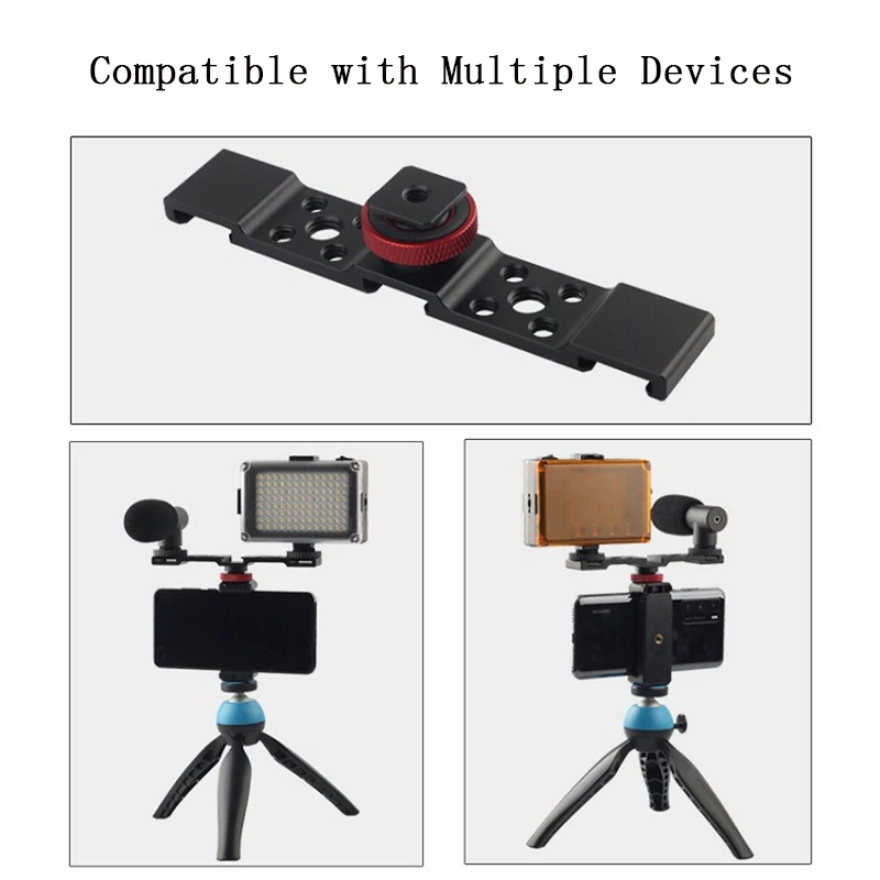 Aluminum Cold Shoe Mount Bracket Dual Hot Shoe Extension Bar Plate Adapter for Canon Sony Microphone LED Video Light Monitors