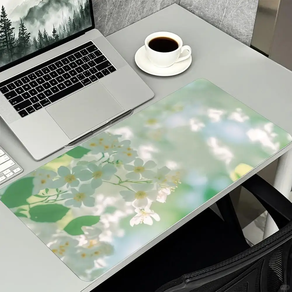 Large Desk Mat Fresh Floral Leaf Print Stitched Edge Anti‑Slip Rubber Base Smooth Mat For Gaming Home Office Desktop Decor