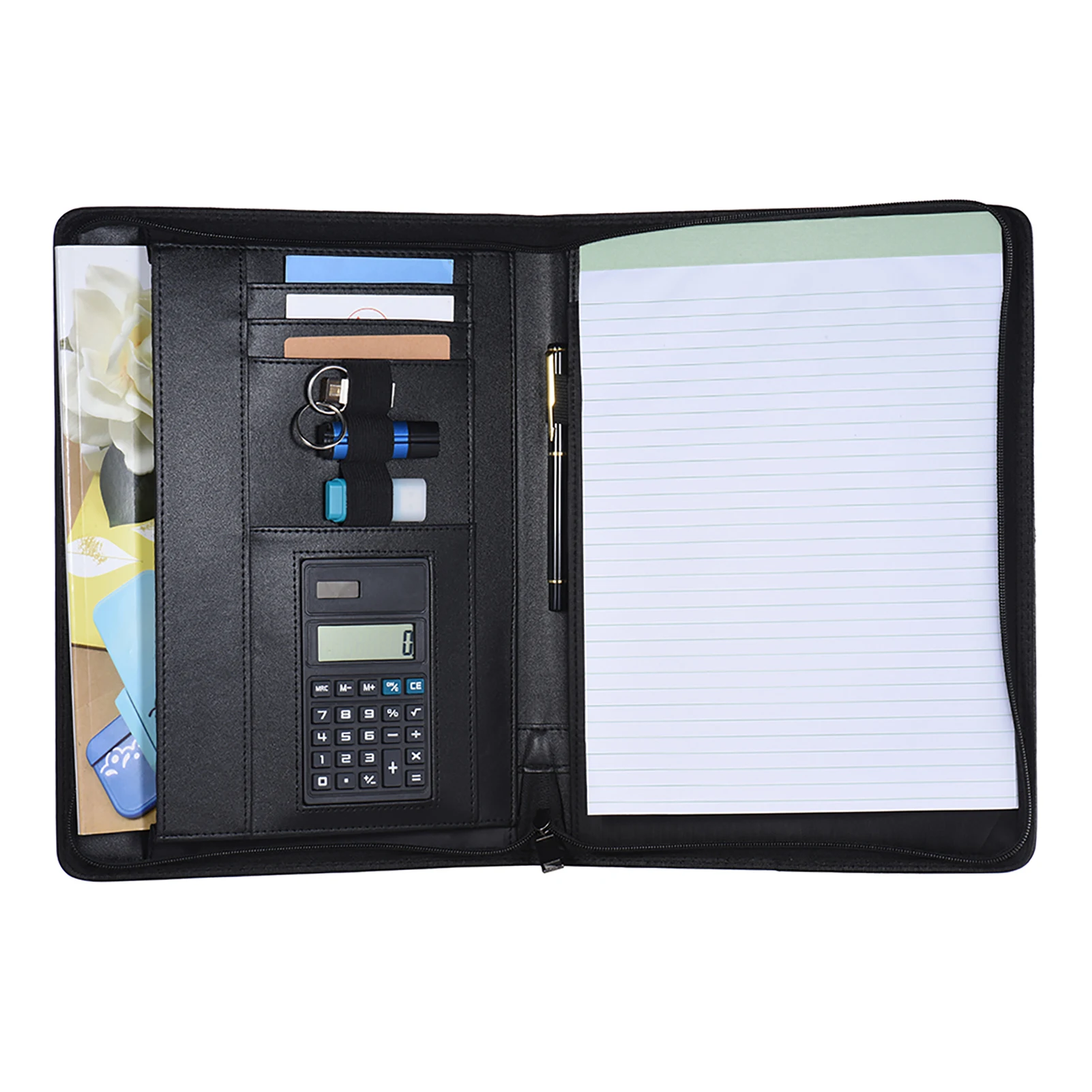 Multifunctional Professional Business Portfolio Padfolio Folder Document Case Organizer A4 PU Leather Zippered Closure with Pad