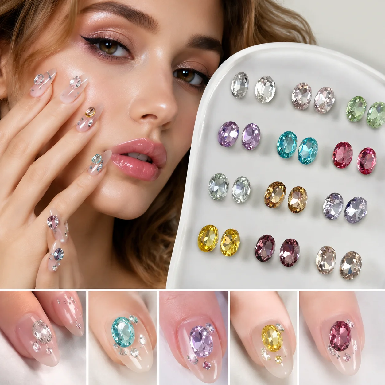10Pcs K9 Clear Nail Crystal Decoration Sparkling Ellipse Pigeon Egg Multi Cut Pointed Bottom Nail Pile Diamond Accessories