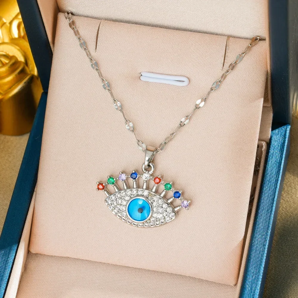 9527 قلادة من الفولاذ التيتانيوم المصنوعة من عين الشيطان باللون الأزرق التركي، سلسلة الترقوة المتخصصة