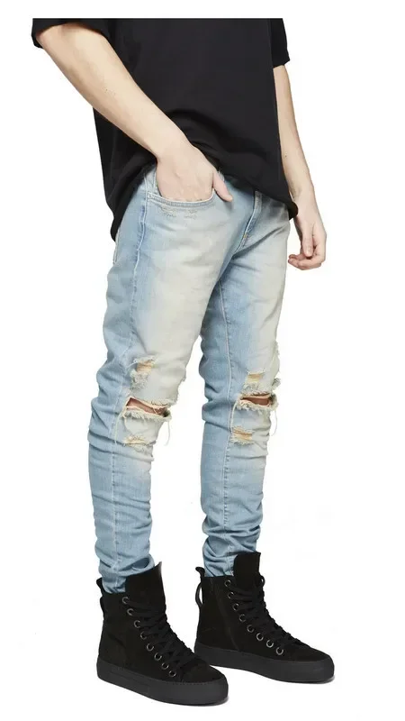 

Punk Street Style Ripped Skinny Jeans Men Vintage Wash Solid Denim Trouser Mens Casual Slim Fit Pencil Denim Holes Pants 2024