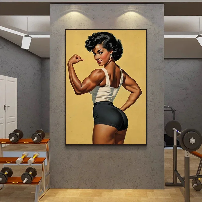 Retro Gym Girl Exercise Fitness Poster and Print Canvas Painting Body Building Weightlifting Wall Art Picture for Gym Room Decor