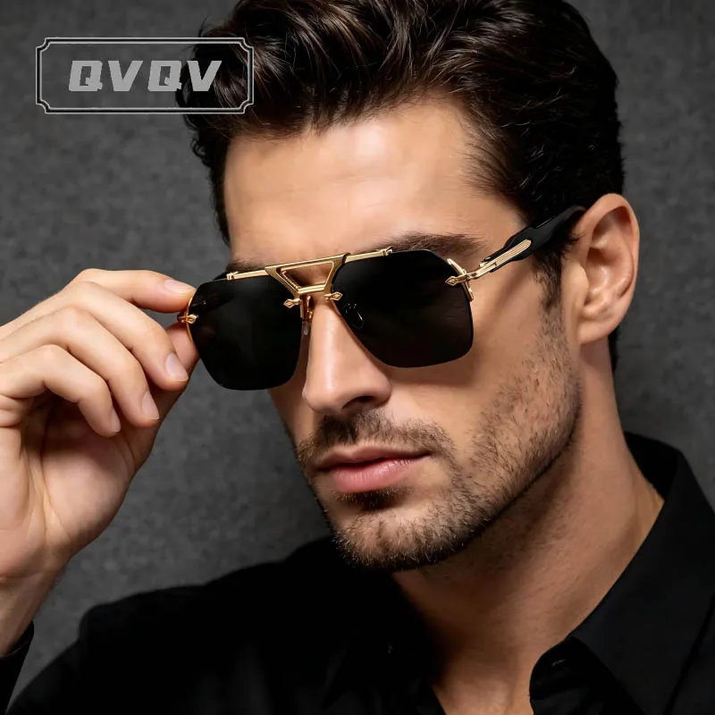 QVQV Luxury Rimless Square Sunglasses Men & Women Vintage Metal Double Bridge Sun Glasses Fashion Eyewear For Driving Outdoor