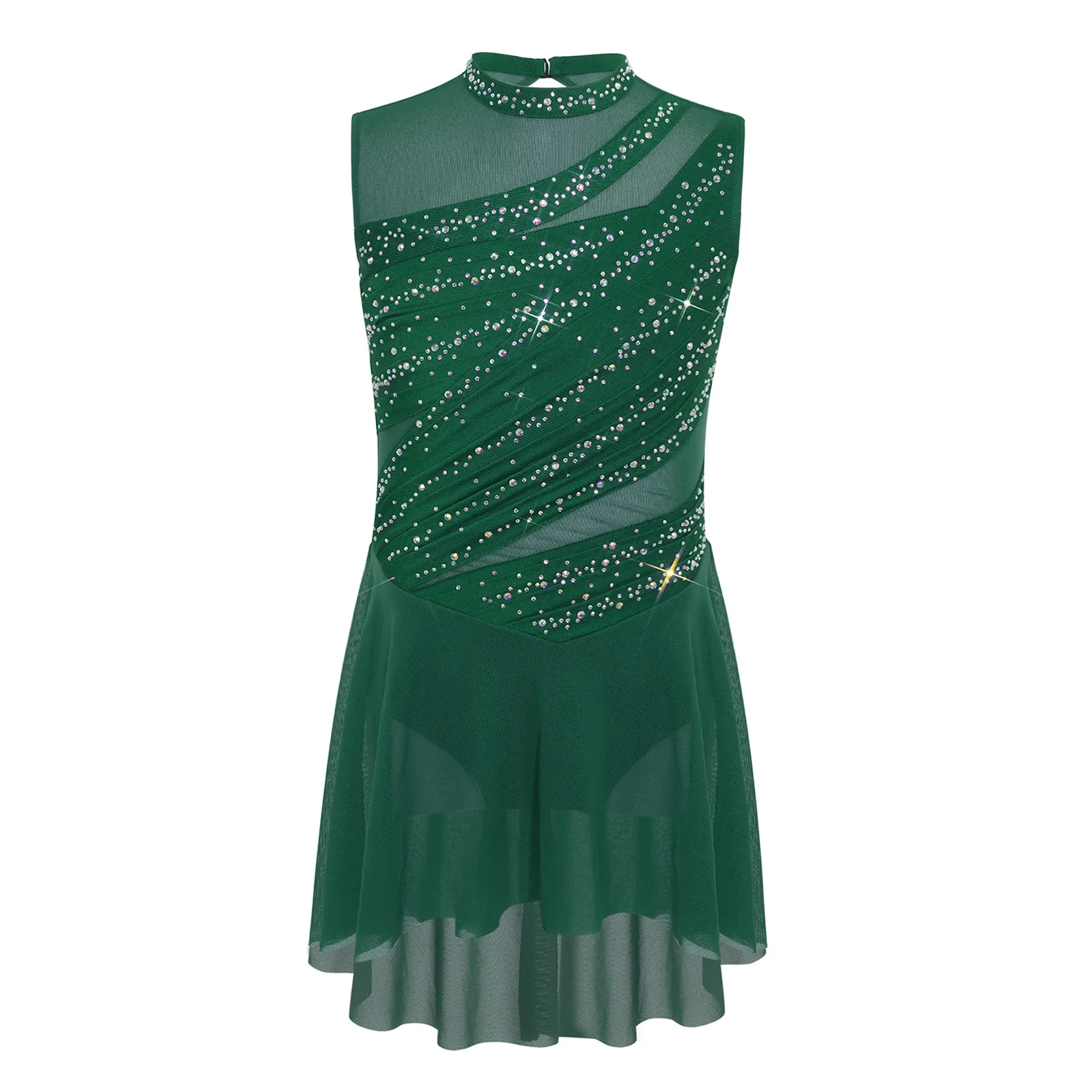 Kids Girls Sleeveless Shiny Rhinestone Sheer Mesh Modern Lyrical Dance Dress Figure Skating Gymnastics Acrobatics Leotard tutu
