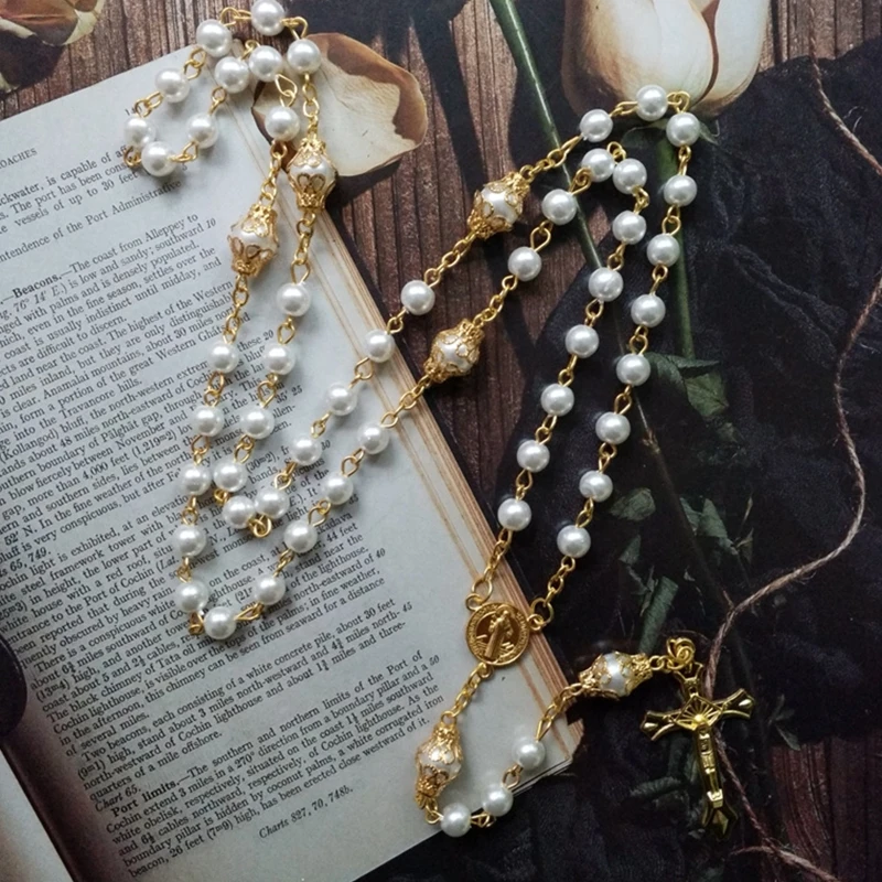 Vintage Pearl Beads Rosary Necklace Jesus Christ Crucifix for Cross Pendant Necklaces for Women Jewelry Charm Prayer Gifts