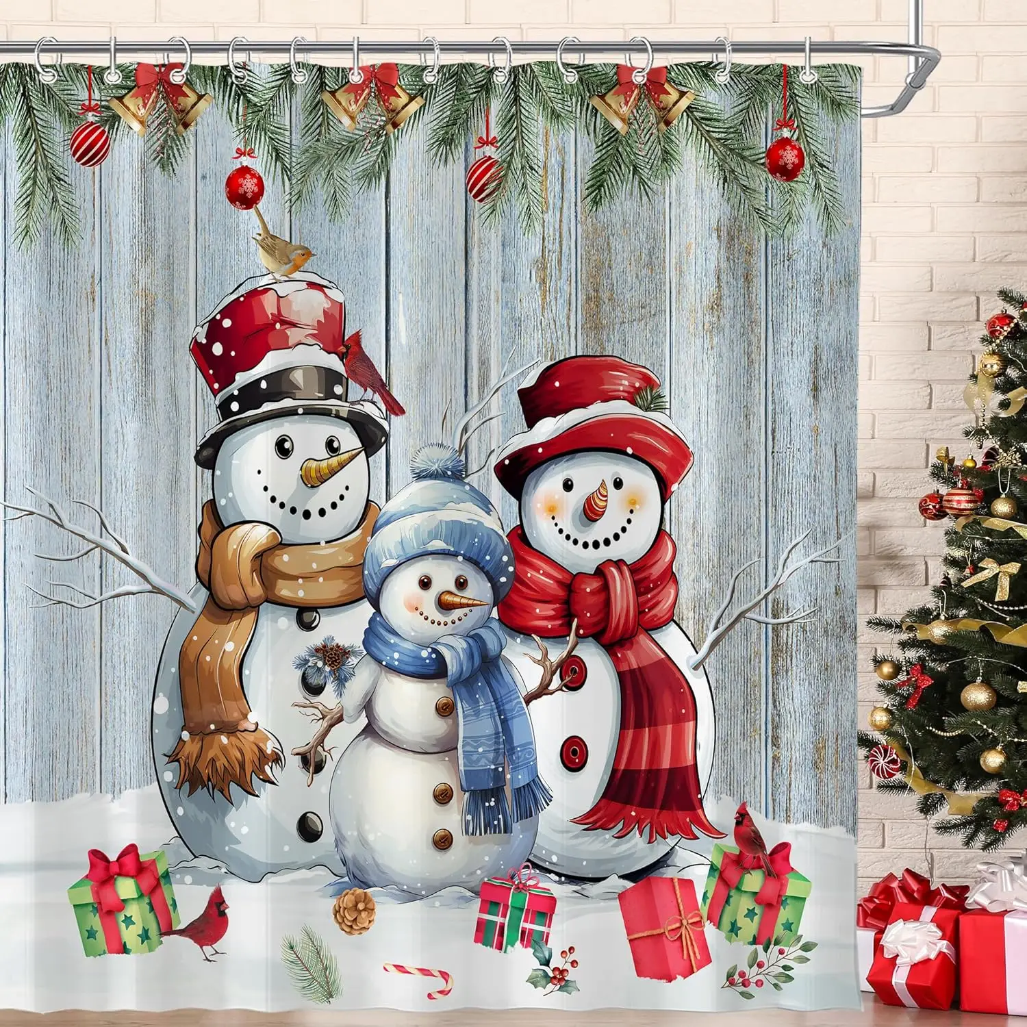 عيد الميلاد الشتاء ثلج مزرعة دش الستار للحمام فروع الصنوبر ريفي الخشب مجلس عيد الميلاد شجرة صنوبر عطلة البلاد