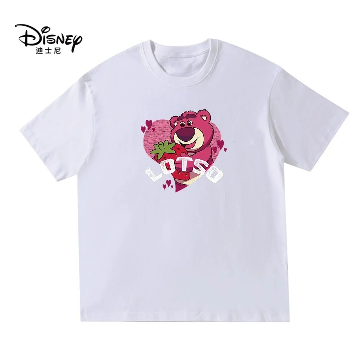 

Disney 2025 New Lotso Pink T Shirt Women Kids Summer Cotton Casual Tops Pink Bear Strawberry Design Heart Background Soft Fabric