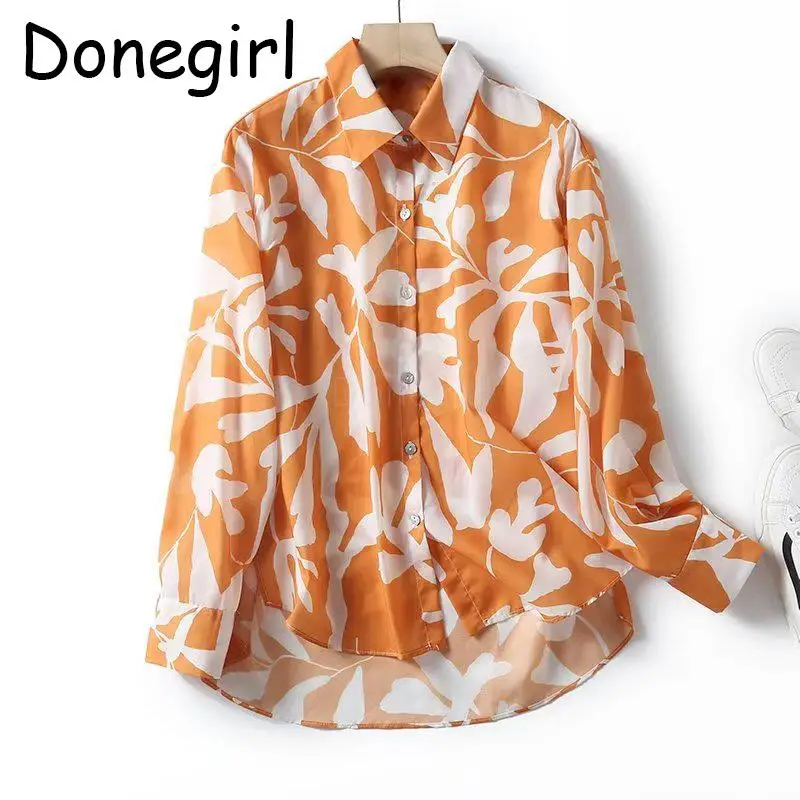 

Donegirl 2023 Women Spring Autumn New Long Sleeve Leaf Printed Lapel Loose Casual Shirt Simple Versatile Blouses Female Tops