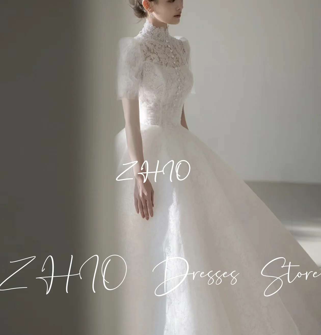 Zhi luxo marfim renda vestido de casamento alta pescoço mangas curtas a linha até o chão coreia sessão de fotos vestido de recepção de noiva personalizado