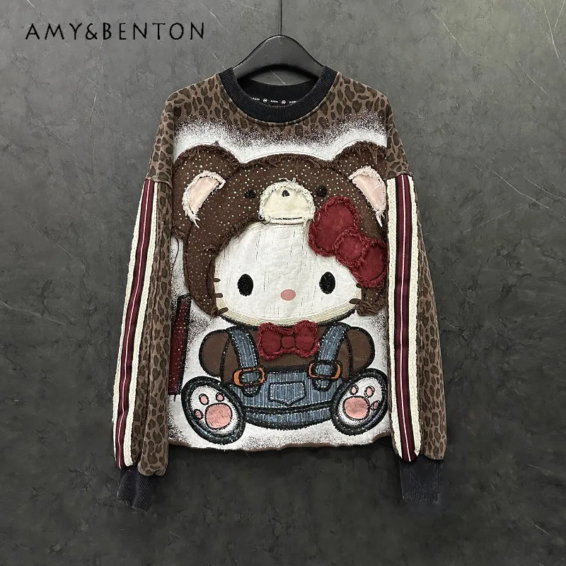 

2025 Autumn Winter Heavy Craft New Cartoon Leopard Print Crew Neck Sweatshirt Ladies Loose Casual Style Versatile Top Hoodies