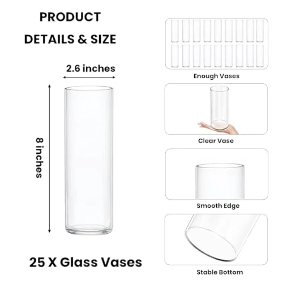 Centerpieces application clear glass transparent 25-pack cylinder vases 8-inch tall for wedding and home table decor