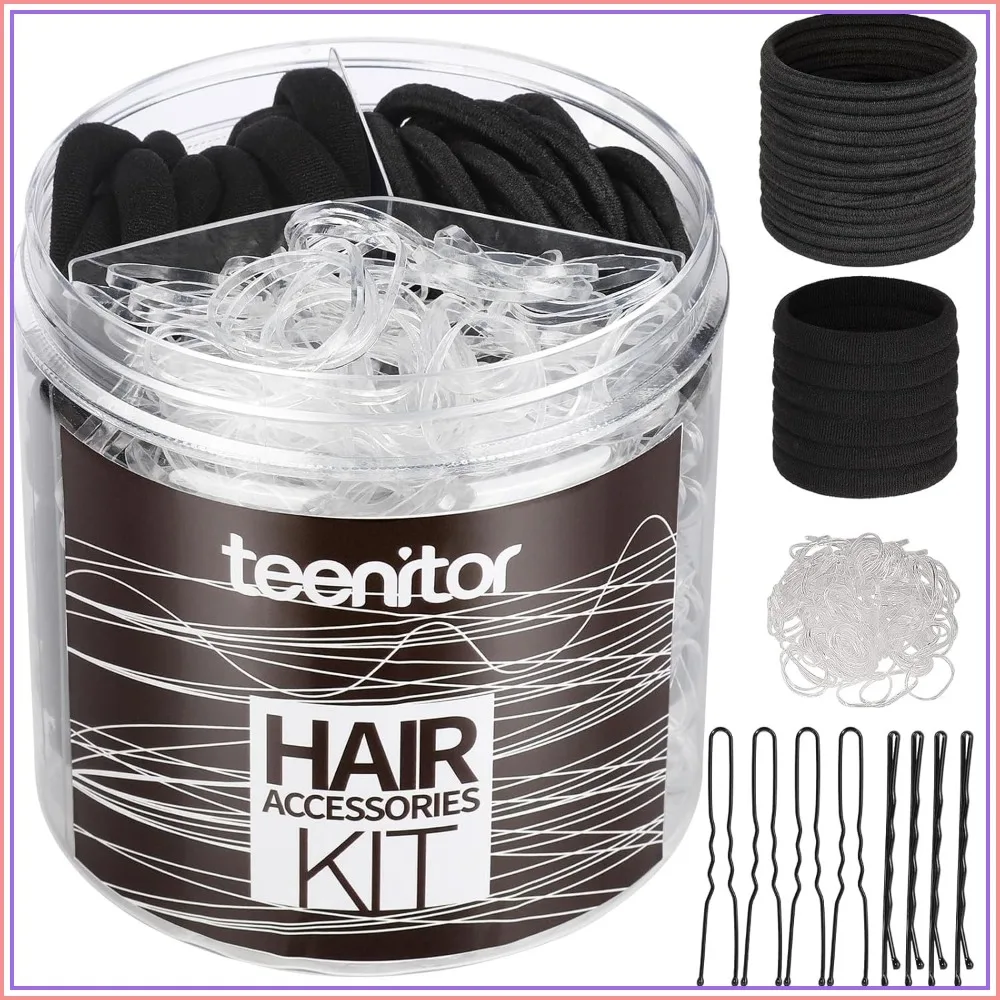

500pcs Hair Bands Set with 30 Ponytail Holders, 40 Bobby Pins, Black Clear Elastic Hair Ties for Women Girls