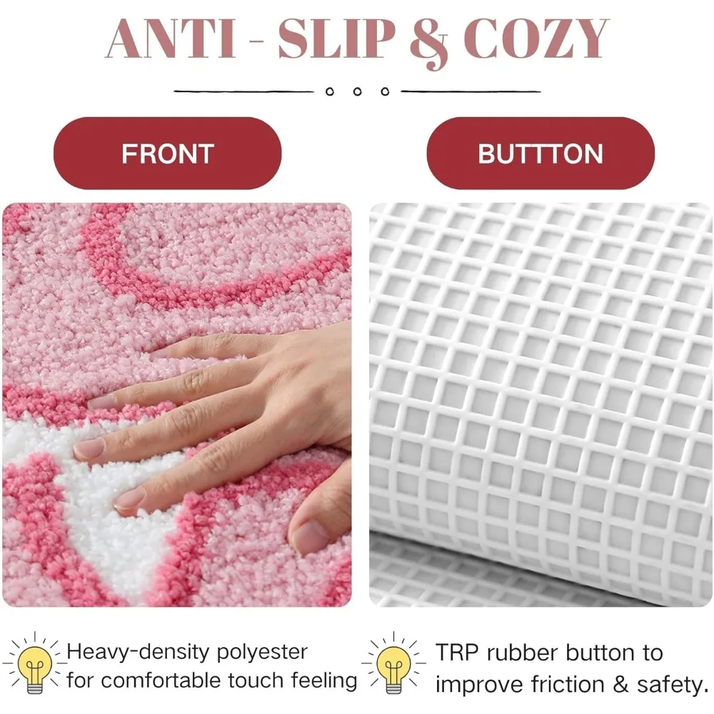 푹신한 핑크색 리본 욕실 매트, 19.6x31.5인치 불규칙한 모양, 미끄럼 방지 및 높은 흡수력, 욕실 및 침실용