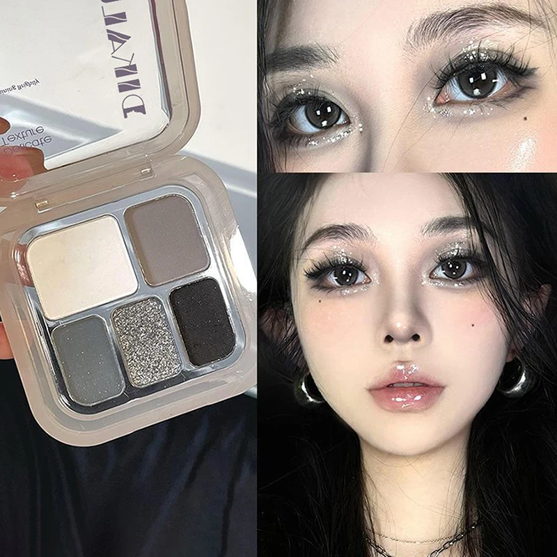 Paleta de Sombras de Ojos Punk de 5 Colores, Maquillaje Smokey Eye, Blanco Plateado, Gris Cemento, Negro Oscuro, Mate y Brillante, Maquillaje Duradero para Fiestas