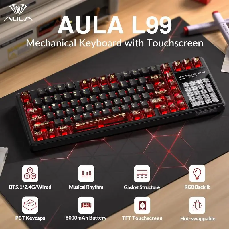 Aula L99 Tri-Modes Mechanical Gaming Keyboard With Smart Touch Screen RGB Backlit Hot Swappable 84 PBT Keycaps Wireless Keyboard