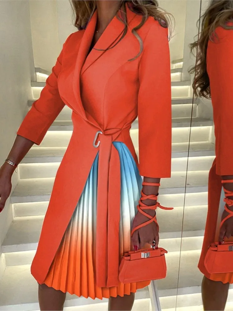 

2025 Women's Mid To Long Sleeved Spring Autumn Sexy V-neck Fashion Pile Up Collar Tie Waist Pleated Casual Office Dress