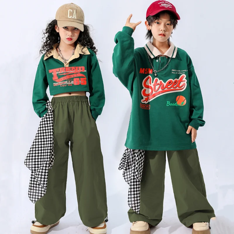 Boys Hip Hop Polo Sweatshirt Loose Cago Pants Girls Crop Top Street Dance Baggy Joggers Child Streetwear Kids Jazz Clothes Sets