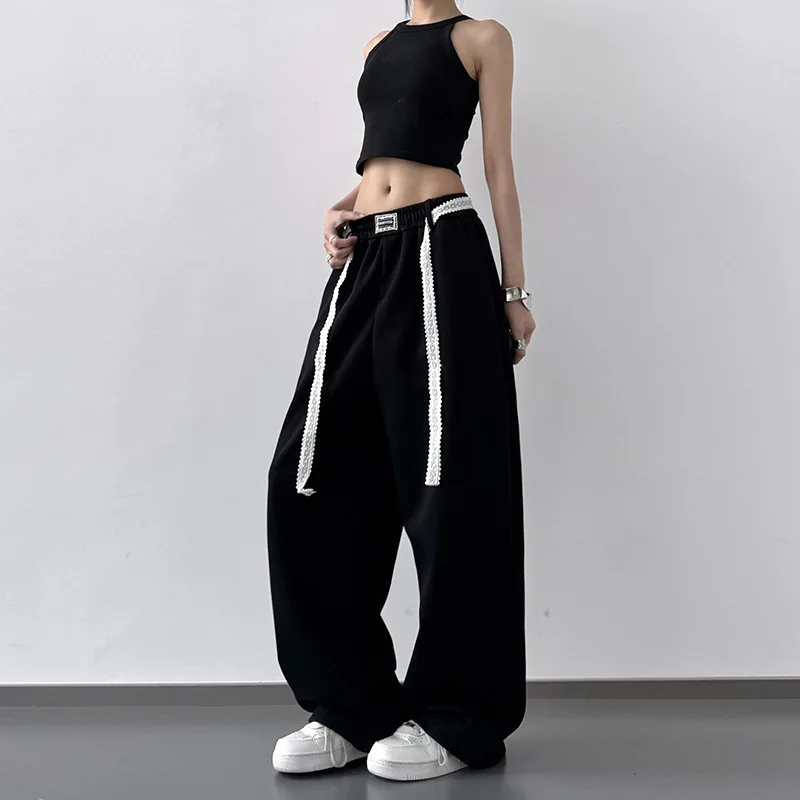 

American black wide-leg casual pants women's spring 2025 new tall high waist drape versatile floor sweatpants