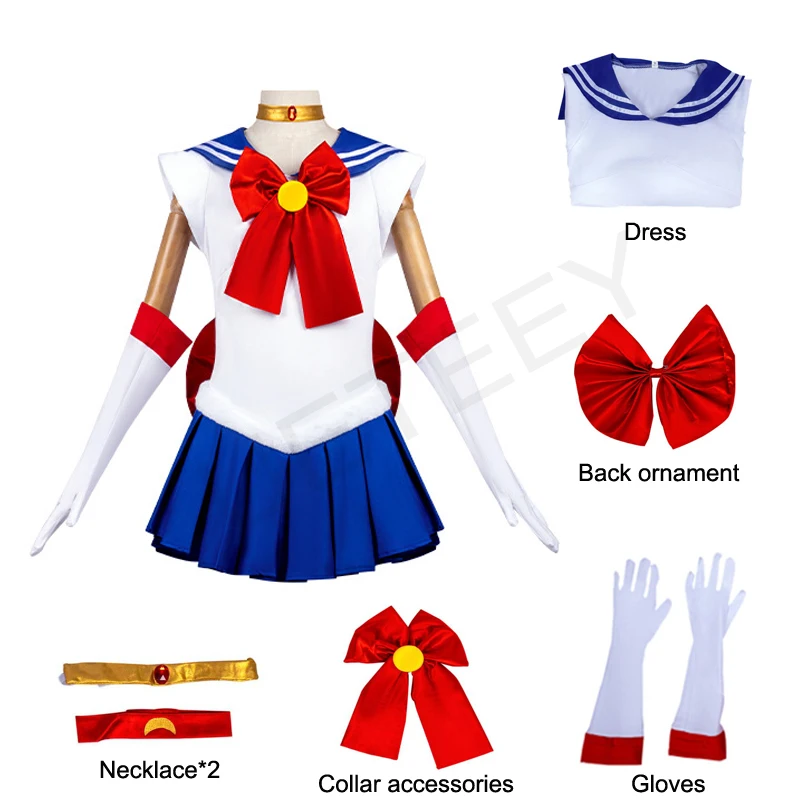 Sailor Moon Tsukino Usagi Cosplay-Kostüm für Halloween, Comic-Con-Party, Sailor Moon-Verkleidung, Outfit, Kleid, Handschuhe, Zubehör