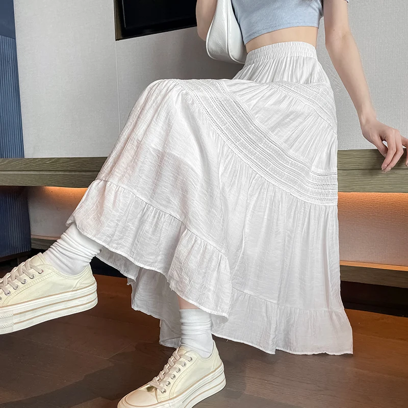 

Французская кружевная белая юбка-тортик, женская весенне-летняя новая драпированная юбка с высокой талией, плиссированная большая распашная юбка-зонтик
