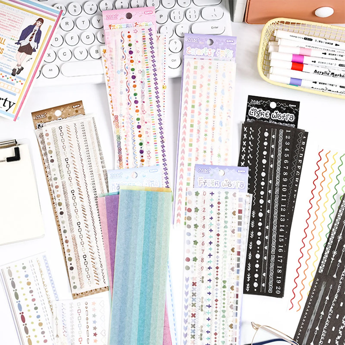 6 Sheets/Package of Colorful Divider Strip Stickers, with Different Patterns, DIY Planners Photo Album Decoration Materials