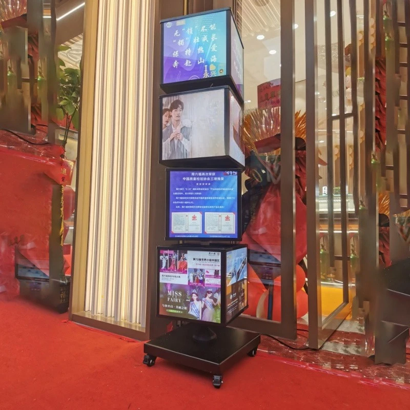 4 lati, 4 piani, 16 poster, display rotante, cartello menu personalizzato dal pavimento al soffitto, scatola luminosa pubblicitaria a cubo, luce rotante