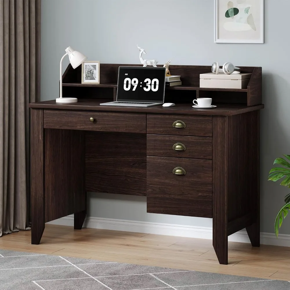 

Small Desk with Drawers, Wood Desk with Monitor Stand, Computer Desks with File Drawer, Small Spaces, Espresso