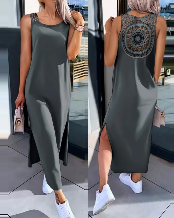 

Women's Dress 2024 Summer Elegant Round Neck Sleeveless Slit Hollow-Out Design Casual High Waist Daily Vacation Loose Maxi Dress