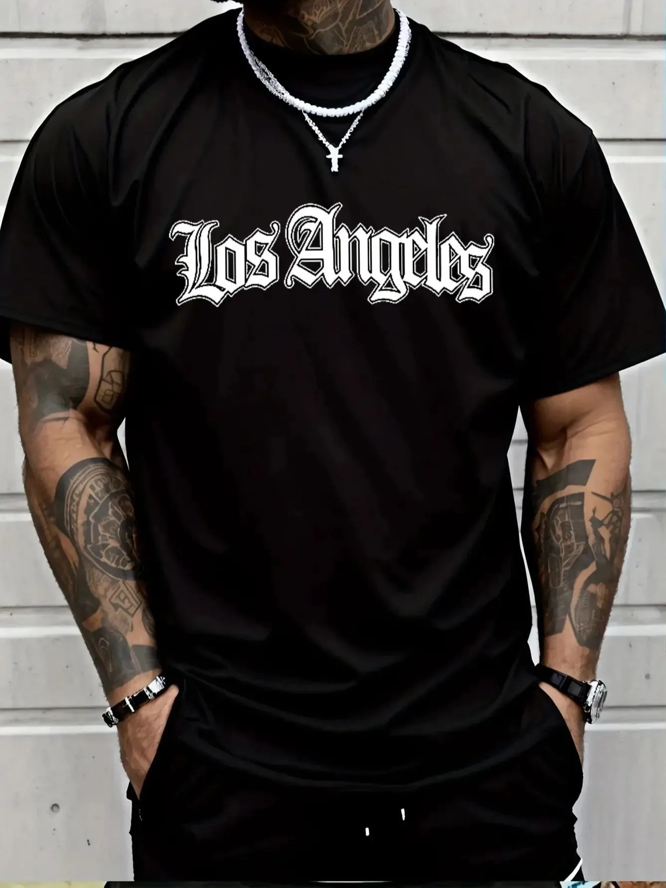Men's Summer Sports Round Neck Comfortable Breathable T-shirt Los Angeles Letter Printed Polyester Fabric Casual Loose Top